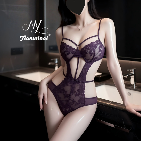 Pure & Seductive Lace Lingerie Set - Sexy Sheer Plus Size Intimate Outfit for Women - Purple + Black Stockings