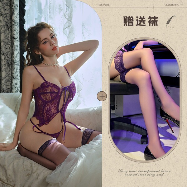 Mannyqing Lingerie Set - Sexy Lace Sheer Bodysuit with Cut-Out Details & Waist-Cinching Design for Women - Purple + Black Stockings
