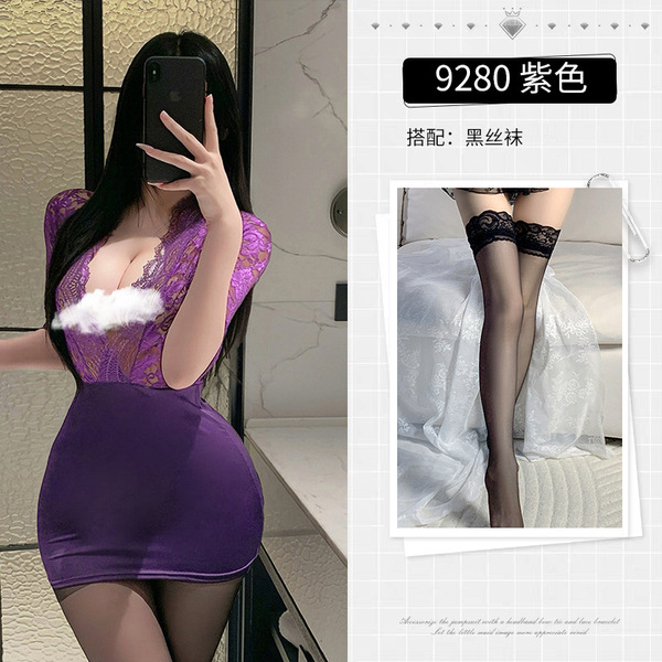 Purple OL Secretary Sexy Lingerie Set – Deep V Lace Sheer Tight Fit Skirt Outfit - Purple + Black Stockings
