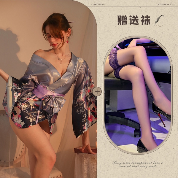 Qing Ran Purple Lace Robe Sleep Dress - Japanese Kimono Style Sensual Lounge Wear with Waist Tie - Purple + Black Stockings
