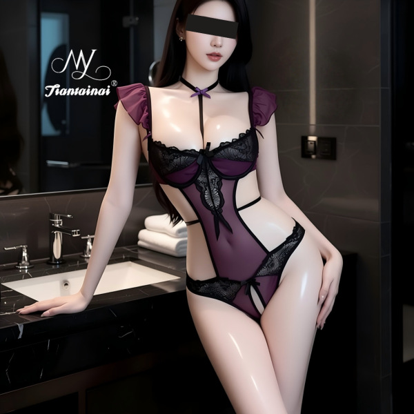 Sexy Lace Mesh Bodysuit with Contrast Colors, Open-Crotch Design & Underwire Push-Up for Alluring Lingerie Sleepwear - Purple + Black Stockings