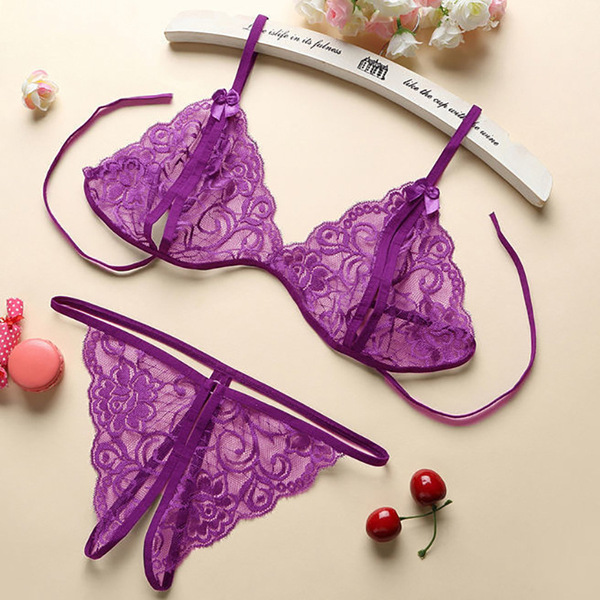 Lace Sexy Bikini Set with Open-Crotch Thong - Romantic Lingerie Sleepwear for Women, Plus Size 3-Piece Gift Set - Purple bra and panties
