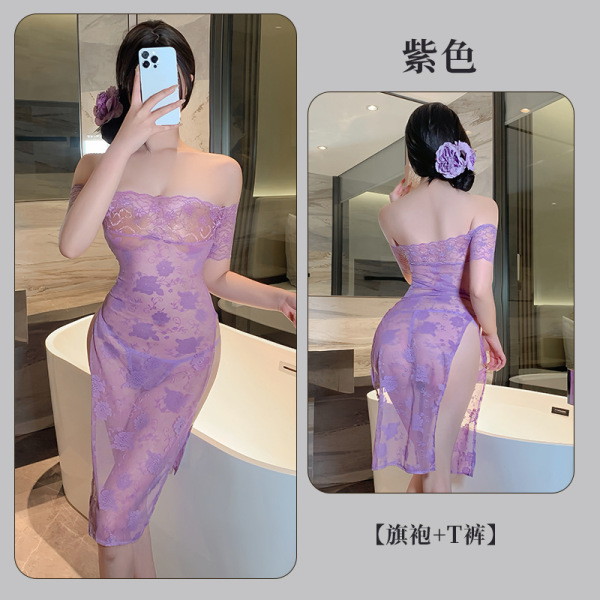 QQNY Pure Allure Sleepwear Set – Elegant Sensual Lingerie for Women, Luxury Bedroom Wear - Purple cheongsam + black stockings