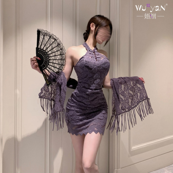Pure & Seductive Lingerie Set - QQNY Silk-Look Cheongsam Bodysuit with High-Waisted Pencil Skirt, Elegant Sensual Outfit - Purple cheongsam [with a separate shawl]