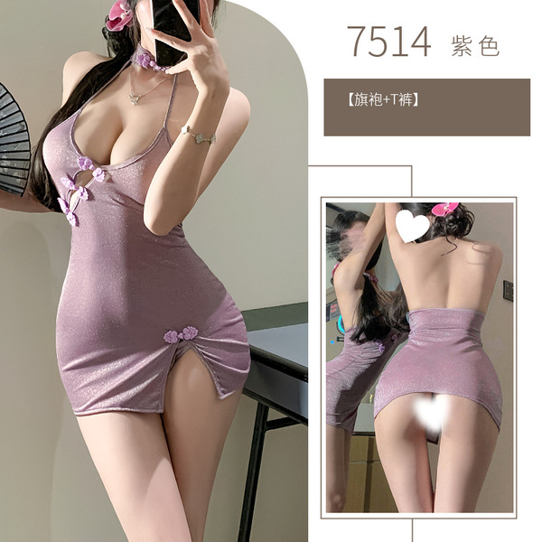 Pure & Seductive Purple Cheongsam Lingerie - Sheer Vintage Qipao Bodycon Dress with High Slit & Sensual Design - Purple cheongsam
