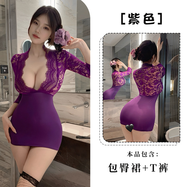 Fan Lei Sexy Lace Long Dress - Purple Lingerie Set, Pure & Tempting Sleepwear Outfit - Purple dress + thong + black open-crotch stockings