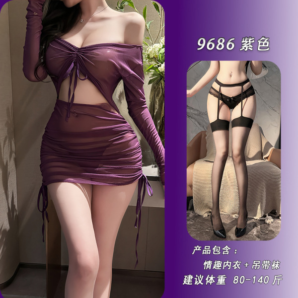 Night Silk Sensual Sheer Bodycon Dress - Sexy Lingerie Set with Seductive Nightwear Style - Purple + matching garter stockings