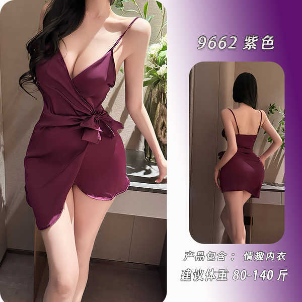 Feiniao Moonlit Lingerie Set - Sensual Waist-Cinching Sheer Deep V-Neck Tie-Detail Sleep Dress - purple slip dress