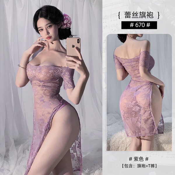 Plus Size 200 lbs Sexy Lace Purple Bodysuit - Sultry SM Sleepwear, No-Undress Pure Temptation Nightdress - Purple dress + T-shirt