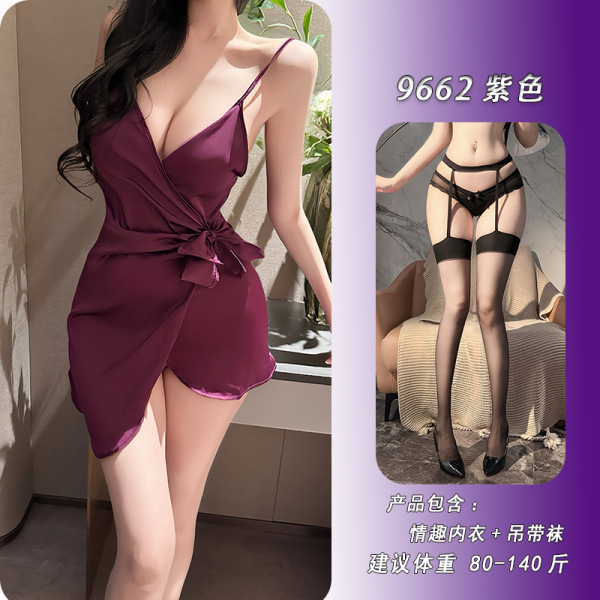 Feiniao Moonlit Lingerie Set - Sensual Waist-Cinching Sheer Deep V-Neck Tie-Detail Sleep Dress - Purple + matching garter stockings
