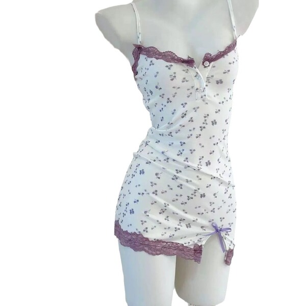 Sexy & sweet tight-fit purple floral lace sleep dress for women, perfect nighttime comfort with elegant design