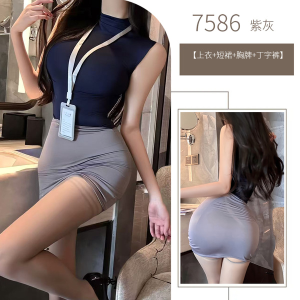 Premium Seductive Secretary Skirt Set - High-Waisted Bodycon Office Uniform Outfit, No-Remove Sexy Lingerie Ensemble - Purple-gray