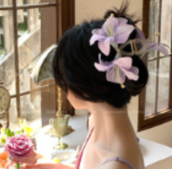Domoira Temptation Lingerie Set - Deep V Japanese Kimono Style Cosplay Outfit with Floral Fox Dream Design - Same purple hair accessory