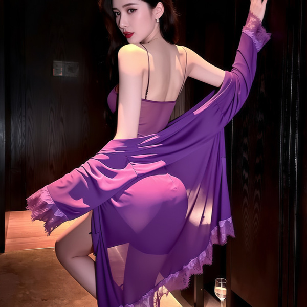 Plus Size French Lace Babydoll Nightgown - Sexy Sheer Satin Slip Dress for Women, Sensual Lingerie Set - Purple coat alone