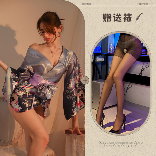 Plus Size Japanese Kimono Lingerie Set – Elegant Cherry Blossom Sexy Robe for Intimate Moments - Purple Japanese style 3-quarter sleeves + black crotch