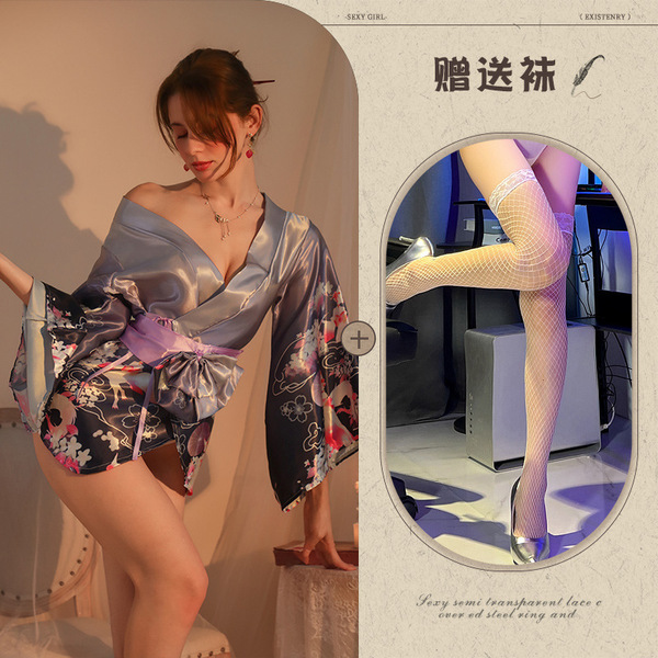 Plus Size Japanese Kimono Lingerie Set – Elegant Cherry Blossom Sexy Robe for Intimate Moments - Purple Japanese-style 3/4 sleeve top + white fishnet stockings