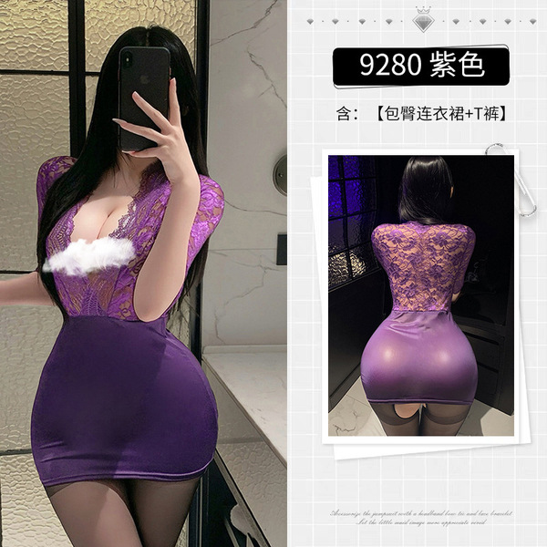 Purple OL Secretary Sexy Lingerie Set – Deep V Lace Sheer Tight Fit Skirt Outfit - Purple [socks not included]
