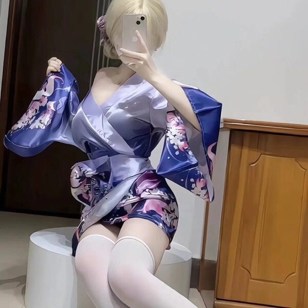Pure Temptation Women's Lingerie Set - Deep V Japanese Kimono Style Cosplay Outfit with Floral Fox Dream Design - Purple [Kimono + Obi + Underwear]