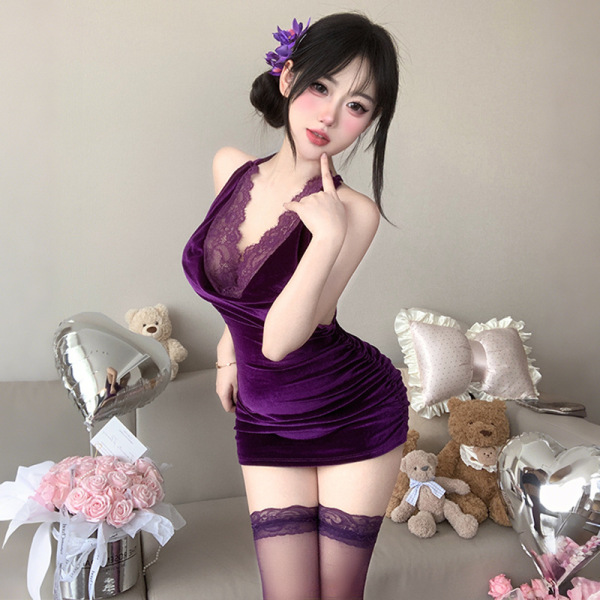 Woman modeling purple lace bodysuit skirt set, seductive no-remove lingerie sleepwear outfit with floral hair accessory and p...