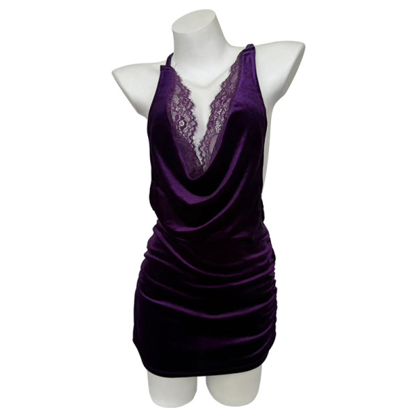 Purple lace bodysuit skirt set with velvet texture and deep v-neck, designed as seductive no-remove lingerie sleepwear outfit...