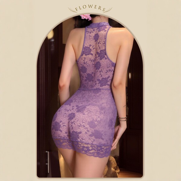 Purple lace cheongsam bodysuit with halter neck design, sheer sensual look, pure-yu style no-undress design.