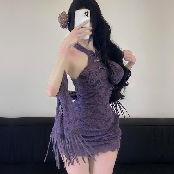 Purple lace cheongsam dress with fringed shawl, bodycon fit, perfect for party outfits.