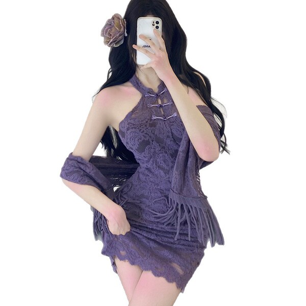 Purple lace cheongsam dress for women, featuring a sexy bodycon design with silk-like texture, perfect for flirty party outfi...