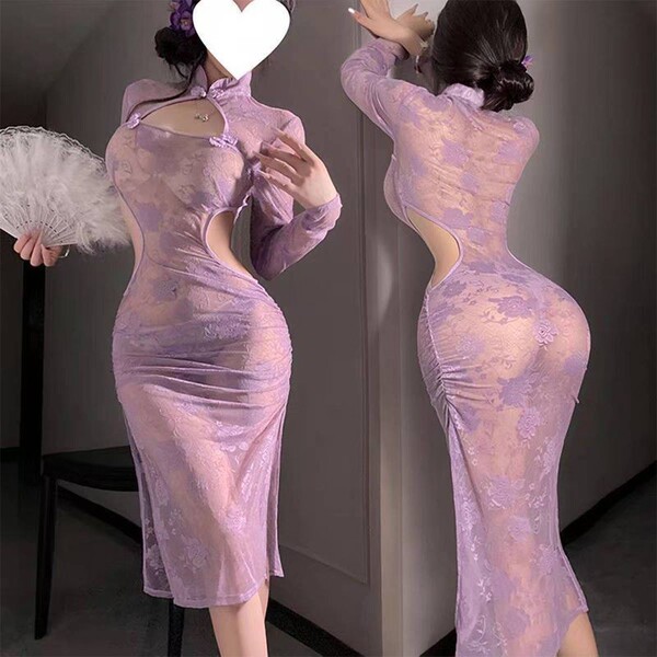 Seductive sheer purple lace cheongsam lingerie with bust-exposing design, perfect for date night elegance.