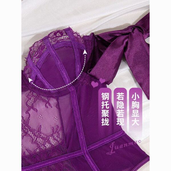 Purple lace corset bodysuit with fishbone shapewear, featuring seductive design and adjustable straps for womens sleepwear.