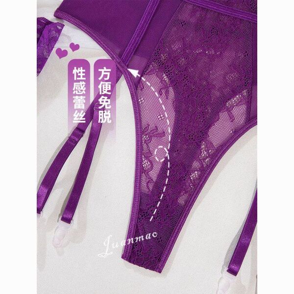 Purple lace corset bodysuit with fishbone shapewear, featuring seductive design and convenient side zipper for women’s sleepw...