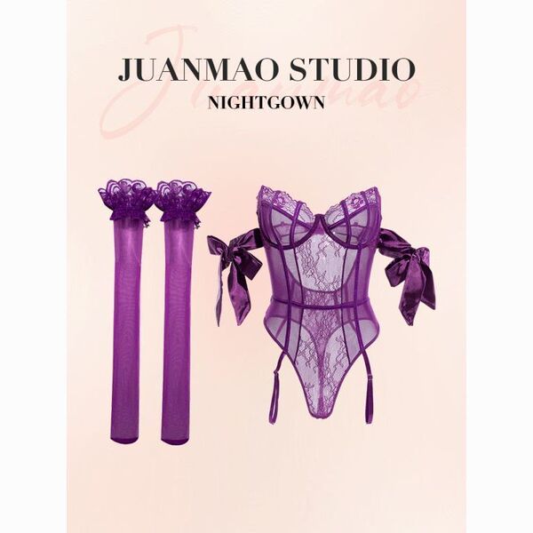 Purple lace corset bodysuit with matching sleeves, seductive shapewear sleepwear set for women by juanmao studio.