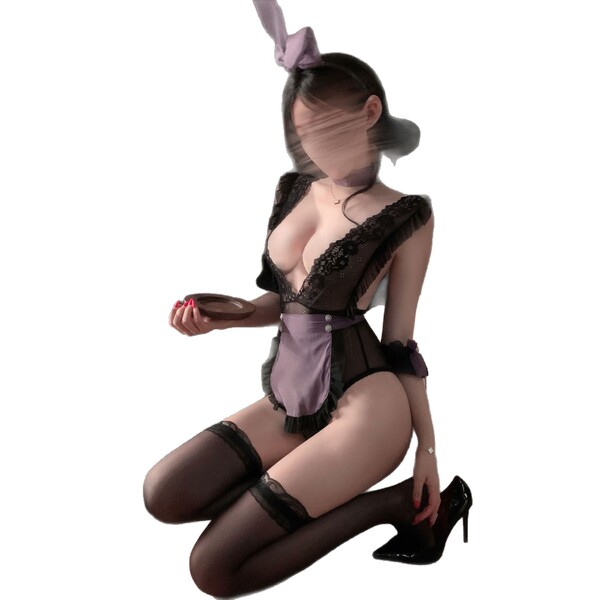 Sexy maid costume with purple lace deep v design, perfect for new years eve outfits. includes bunny girl sleepwear elements.
