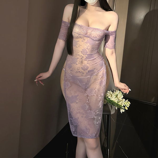 Purple Lace Pure-Temptation Sleepwear Dress - QQNY Cheongsam-Inspired Sensual Lounge Set, Flirty Busty Nightgown - Purple lace dress + thong + white over-the-knee stockings