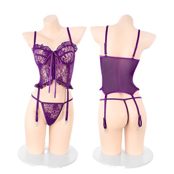 Purple lace lingerie set featuring a sheer bodysuit with adjustable ties and waist-cinching design, shown front and back.