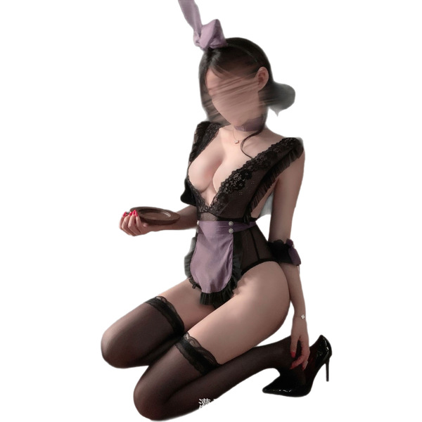 Sexy sheer bodysuit with lace details, purple maid costume set featuring stockings and high heels for role play outfits.