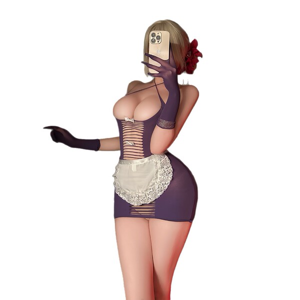 Woman in purple lace maid costume with sheer mesh panels and white apron, taking a selfie.