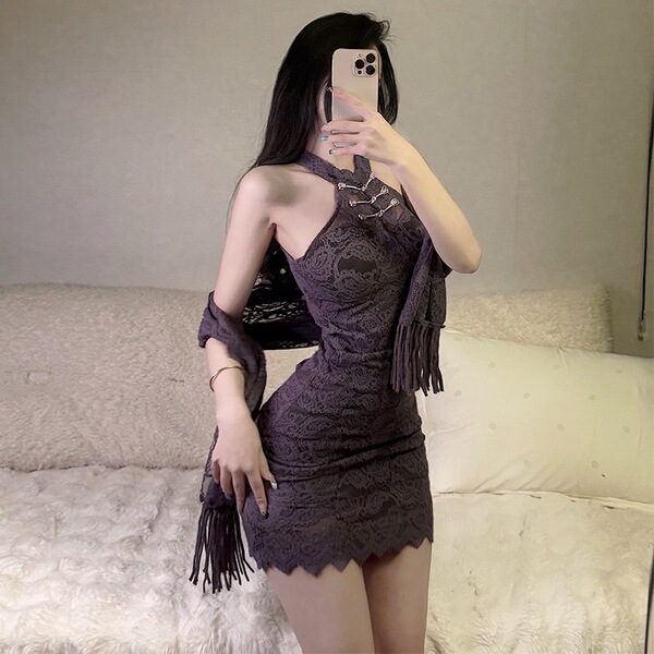 Purple lace cheongsam dress with sheer open front, elegant mandarin collar design, sexy robe style nightwear.