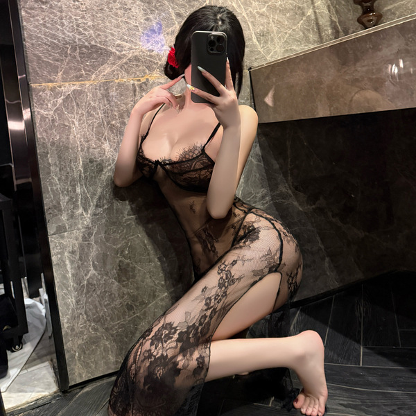 Sexy black lace mesh sleepwear set featuring sheer nightgowns and provocative lingerie, perfect for women seeking elegant yet...