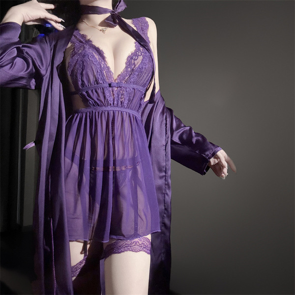 Elegant purple lace sleep dress with sheer fabric, perfect for valentines and new year celebrations, offering a touch of soph...