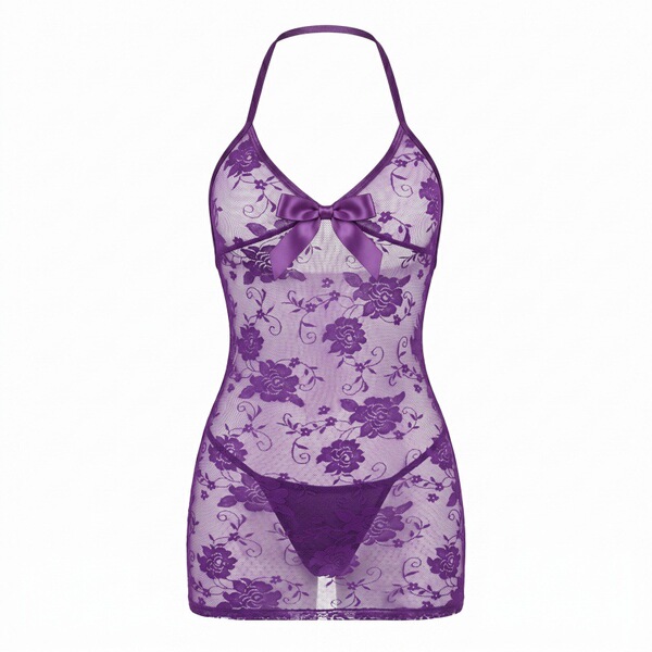 Purple lace sleep dress with floral pattern and bow detail, designed as playful nightwear for small bust.