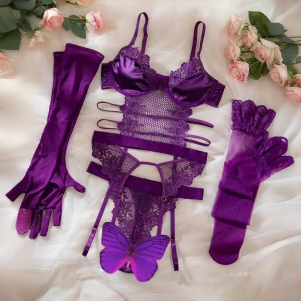 Purple lace lingerie set with sheer embroidered bra, panty, gloves, and garter belt. underwire push-up design for a passionat...