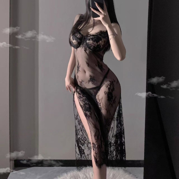 Woman wearing purple lace lingerie set with sheer strap top, slit skirt, and uniform-inspired design.