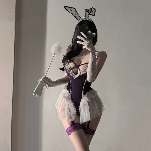Purple lingerie bodysuit with lace details, bunny ears, and stockings, perfect for sexy all-in-one sleepwear set.
