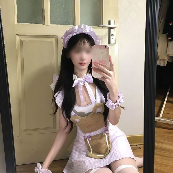 Plus Size Sexy Maid Costume - Flirty Chef Outfit with Ruffled Hem, Sweet & Playful Servant Set - Purple Maid Outfit [Open Crotch Bodysuit + Apron + Headband + Neck Ring + Arm Sleeves * 2]