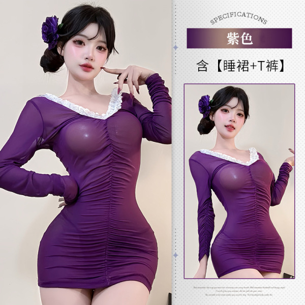 Women's Luxury Deep V Lace Sheer Bodycon Sleep Set - Seductive No-Remove Lingerie Dress 8374 - Purple