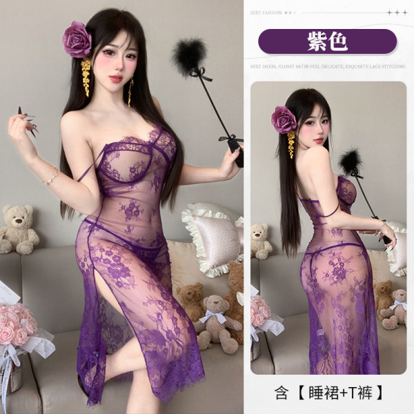 Sensual Lace Sleep Dress with Sheer Mesh & High Slit – Effortless Undress Design, Backless Nightgown for Women - Purple