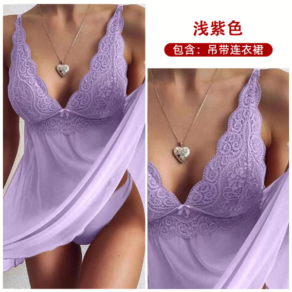 Elegant Lace Sheer Sleepwear Set for Women – Sexy Bridal & Date Night Lingerie Outfit - Light purple
