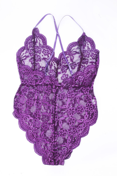 Sexy Plus Size Lace Bodysuit - Deep V Transparent Mesh Camisole with Adjustable Straps - Purple