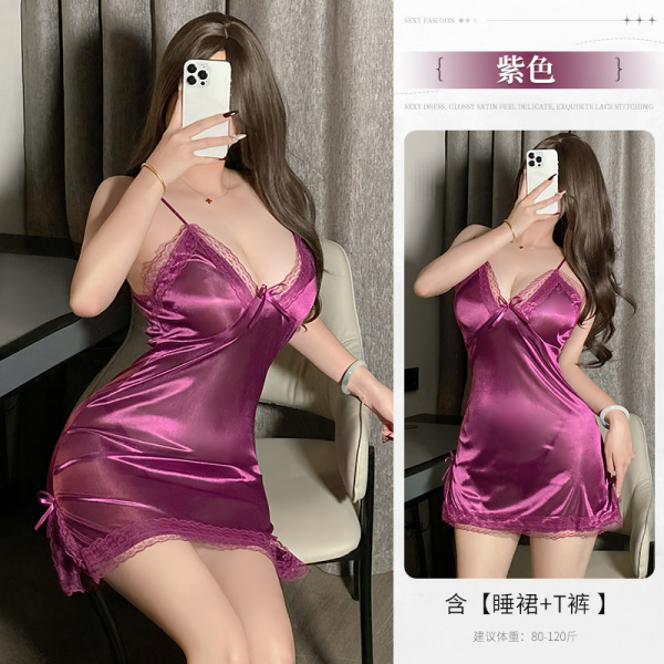 Seductive Lace Sleep Dress - Sheer Thin Sexy Lingerie for Date Night, No-Remove Design - Purple
