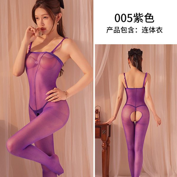 Silver Sheer Lingerie Set for Plus Size Women – Sexy Tear-Away Mesh Bodystocking with Open-Crotch Design & Shiny Thigh-H - Purple